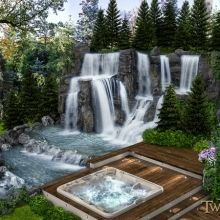  spa jacuzzi sauna wellnes woda wodospad zieleń krzewy drzewa tuje altany drewniane magiczny ogród